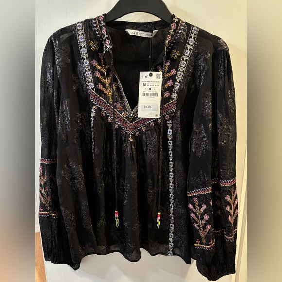 ZARA EMBROIDERED JACQUARD BLOUSE - Picture 8 of 14